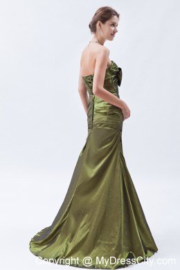 Olive Green A-line Brush Train Ruches and Bow Bridesmaid Dress