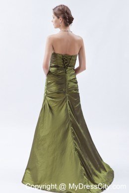 Olive Green A-line Brush Train Ruches and Bow Bridesmaid Dress