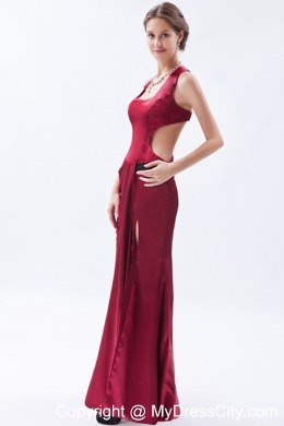 Wine Red Satin Floor-length Column Square Neck Bridesmaid Gown