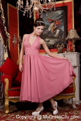 Pink A-line Halter Tea-length Chiffon Beaded Bridesmaid Dress