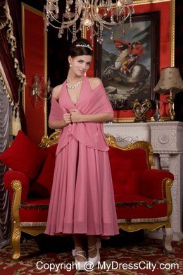 Pink A-line Halter Tea-length Chiffon Beaded Bridesmaid Dress