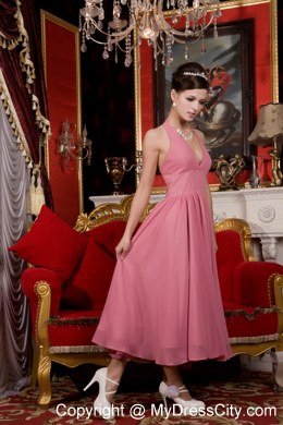 Pink A-line Halter Tea-length Chiffon Beaded Bridesmaid Dress