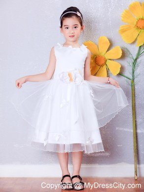 A-line Scoop Tea-length Organza Flower Girl Dress Flowers Decorate