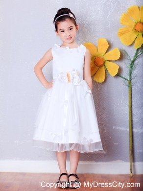 A-line Scoop Tea-length Organza Flower Girl Dress Flowers Decorate