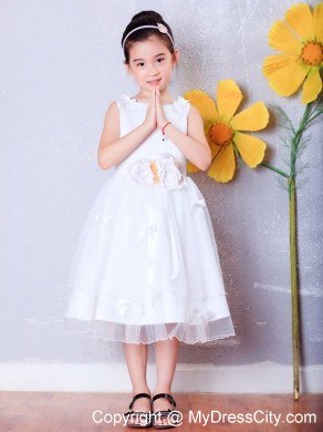 A-line Scoop Tea-length Organza Flower Girl Dress Flowers Decorate