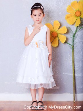 A-line Scoop Tea-length Organza Flower Girl Dress Flowers Decorate