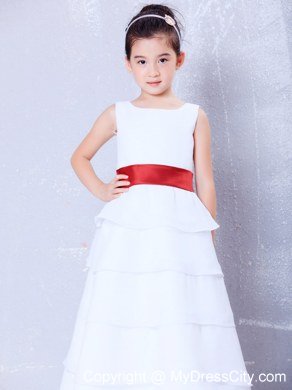 White and Red A-line Scoop Sashed Flower Girl Dress in Ankle-length