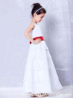 White and Red A-line Scoop Sashed Flower Girl Dress in Ankle-length