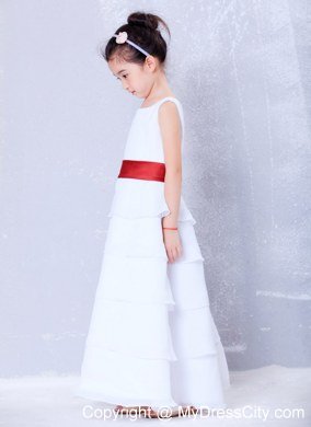 White and Red A-line Scoop Sashed Flower Girl Dress in Ankle-length