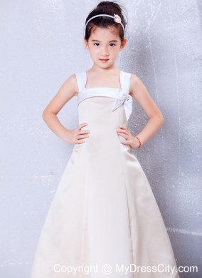 Champagne A-line Ankle-length Flower Girl Dress with Square and Bows