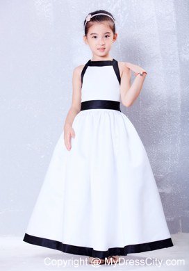 White and Black Square Ankle-length Flower Girl Dress Bow Accent