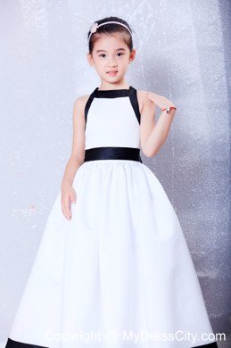 White and Black Square Ankle-length Flower Girl Dress Bow Accent