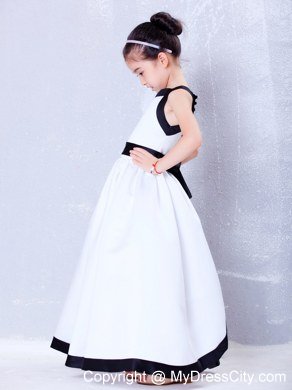 White and Black Square Ankle-length Flower Girl Dress Bow Accent