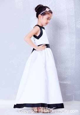 White and Black Square Ankle-length Flower Girl Dress Bow Accent