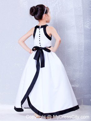 White and Black Square Ankle-length Flower Girl Dress Bow Accent