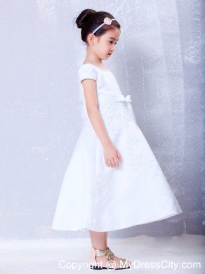 Scoop Neckline Tea-length Beading and Bow Decorate Flower Girl Dress