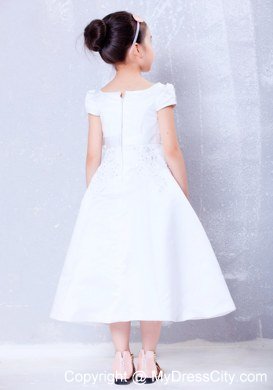 Scoop Neckline Tea-length Beading and Bow Decorate Flower Girl Dress