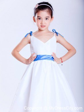 White and Blue A-line V-neck Tea-length Flower Girl Dress with Bows