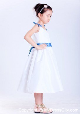 White and Blue A-line V-neck Tea-length Flower Girl Dress with Bows