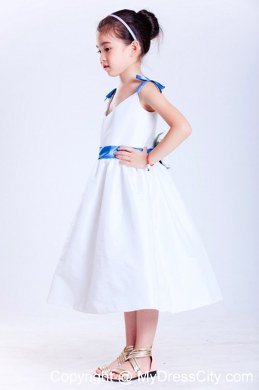 White and Blue A-line V-neck Tea-length Flower Girl Dress with Bows