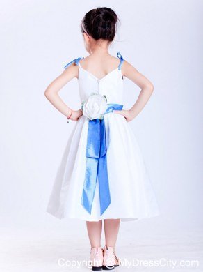 White and Blue A-line V-neck Tea-length Flower Girl Dress with Bows