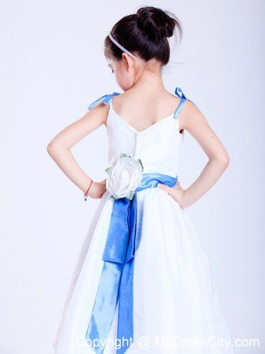 White and Blue A-line V-neck Tea-length Flower Girl Dress with Bows