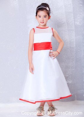 Scoop for Ankle-length White and Red Flower Girl Dress in Organza