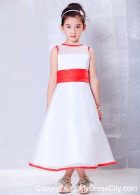 Scoop for Ankle-length White and Red Flower Girl Dress in Organza