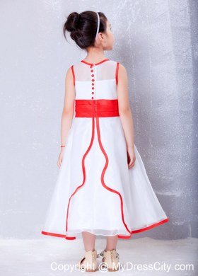 Scoop for Ankle-length White and Red Flower Girl Dress in Organza