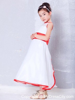 Scoop for Ankle-length White and Red Flower Girl Dress in Organza