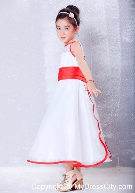 Scoop for Ankle-length White and Red Flower Girl Dress in Organza