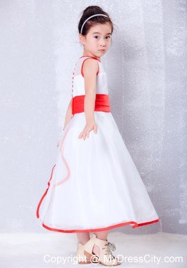 Scoop for Ankle-length White and Red Flower Girl Dress in Organza