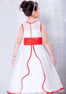 Scoop for Ankle-length White and Red Flower Girl Dress in Organza