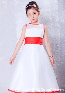 Scoop for Ankle-length White and Red Flower Girl Dress in Organza