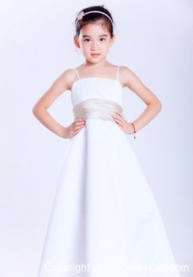 White A-line Ankle-length Flower Girl Dress Straps and Beading Decorate