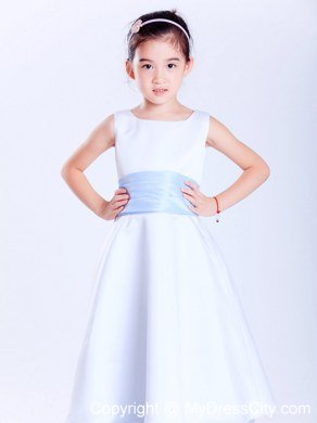 Scoop Ankle-length White and Light Blue A-line Flower Girl Dress With Sash