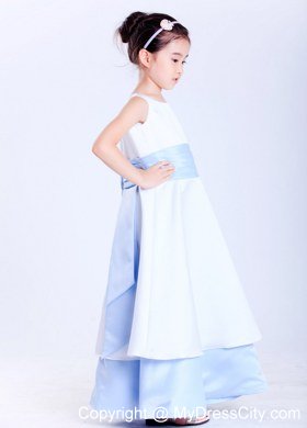 Scoop Ankle-length White and Light Blue A-line Flower Girl Dress With Sash