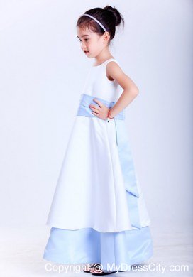 Scoop Ankle-length White and Light Blue A-line Flower Girl Dress With Sash