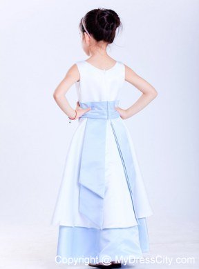 Scoop Ankle-length White and Light Blue A-line Flower Girl Dress With Sash