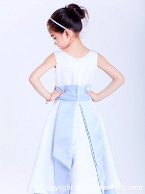 Scoop Ankle-length White and Light Blue A-line Flower Girl Dress With Sash