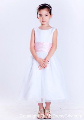 White and Pink Scoop Tea-length Flower Decorate Flower Girl Dress