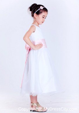 White and Pink Scoop Tea-length Flower Decorate Flower Girl Dress