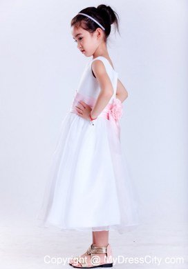 White and Pink Scoop Tea-length Flower Decorate Flower Girl Dress