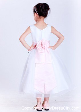 White and Pink Scoop Tea-length Flower Decorate Flower Girl Dress