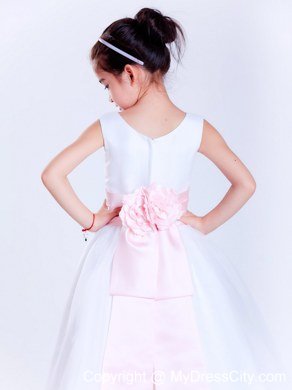 White and Pink Scoop Tea-length Flower Decorate Flower Girl Dress