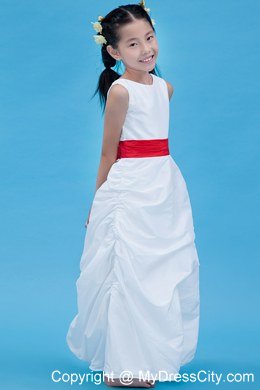 Column style Scoop Ankle-length Flower Girl Dress with Red Belt