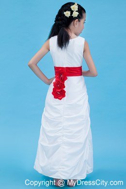 Column style Scoop Ankle-length Flower Girl Dress with Red Belt