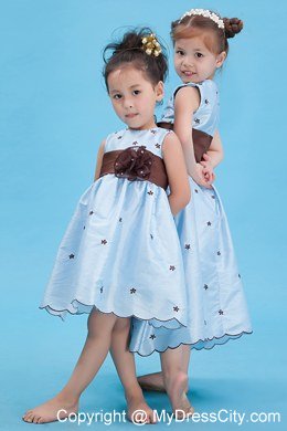 Baby Blue Scoop Neckline Appliques and Belt Decorate Flower Girl Dress