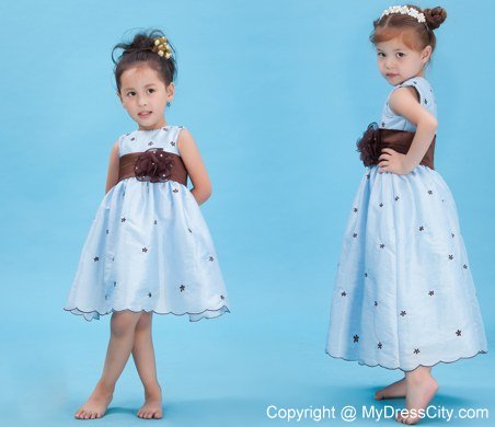 Baby Blue Scoop Neckline Appliques and Belt Decorate Flower Girl Dress