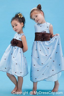 Baby Blue Scoop Neckline Appliques and Belt Decorate Flower Girl Dress